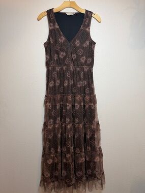 Lucky Brand Brown Floral Mess Tiered Maxi Dress - Sleeveless V-Neck Size Small
